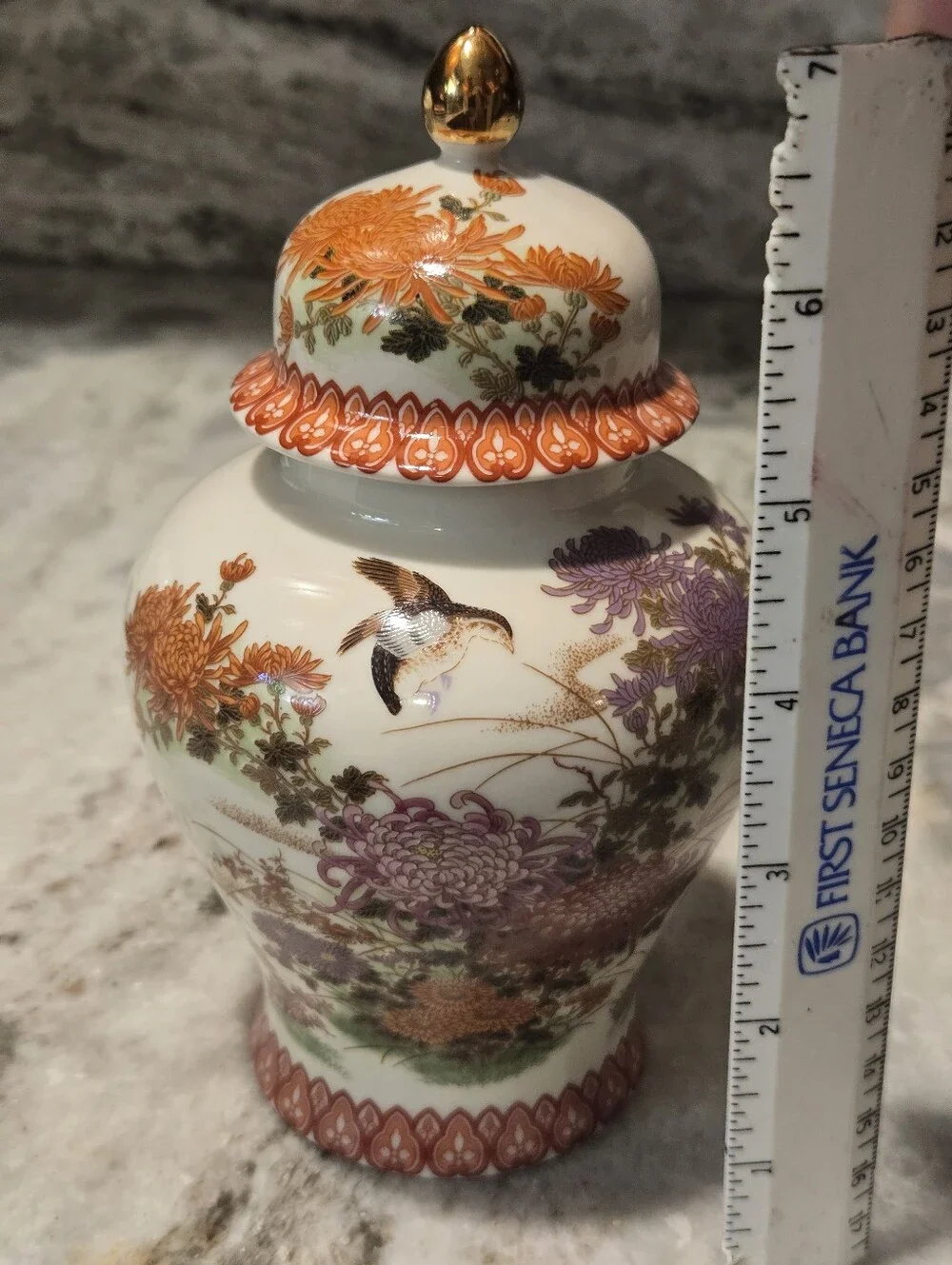 Hand-Painted Orange & Lavender Floral Ginger Jar with Gold-Tipped Lid
